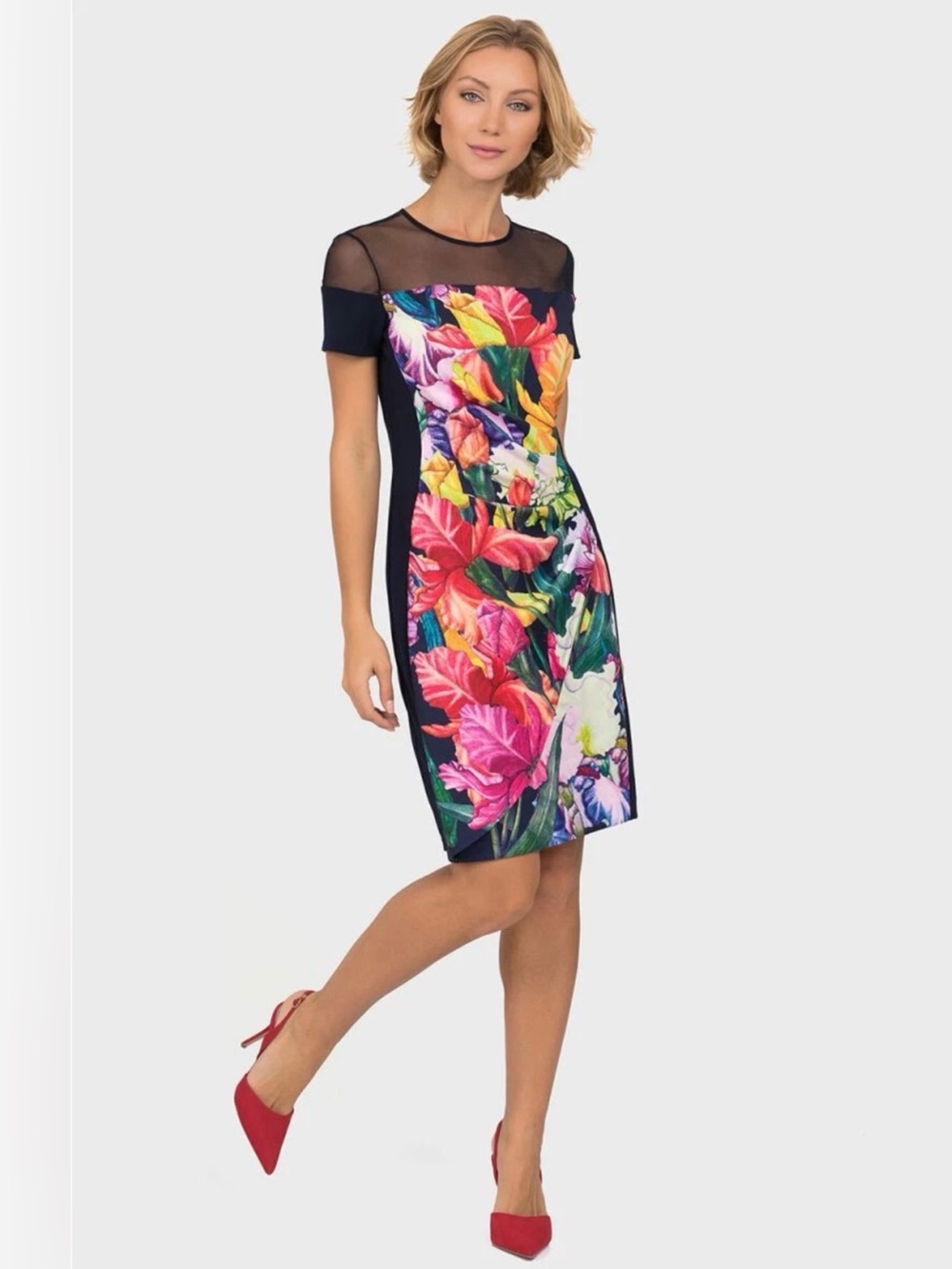 Joseph Ribkoff Iris Print Dress Mesh Sheath Cocktail Party Elegant Modern